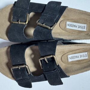 Steve Madden Black Suede Double Buckle Slides